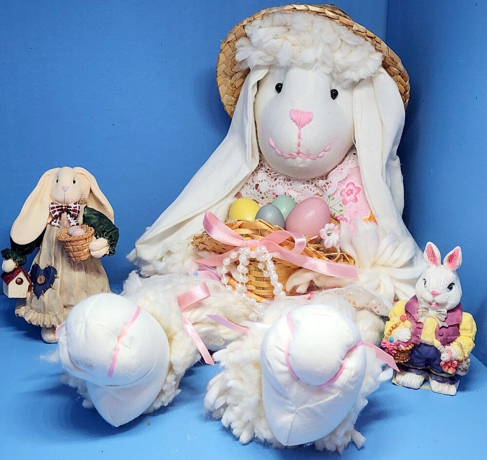 Lop Ear Bunny Holding Basket Shelf Sitter 7" & Two Resin Easter Bunny Figurines